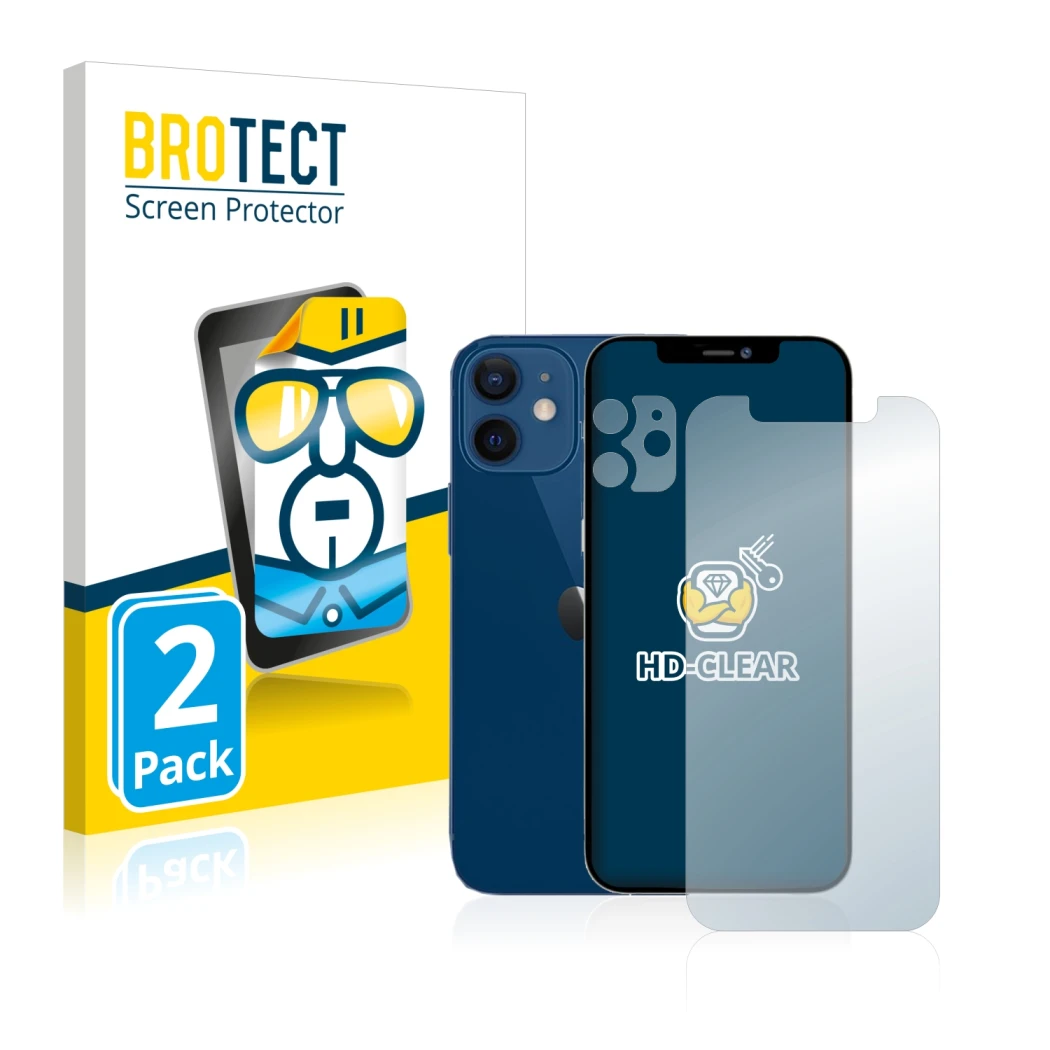 Face avant d’un emballage produit avec le logo de la marque BROTECT. À côté, l’appareil Apple iPhone 12 (Avant+Caméra) est rep