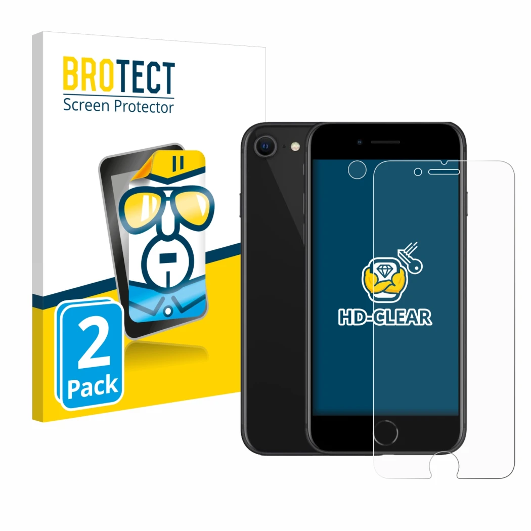Face avant d’un emballage produit avec le logo de la marque BROTECT. À côté, l’appareil Apple iPhone SE 2 2020 (Avant+Caméra) 