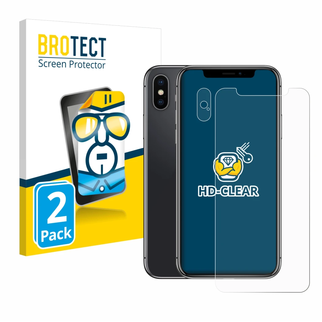 Face avant d’un emballage produit avec le logo de la marque BROTECT. À côté, l’appareil Apple iPhone X (Avant+Caméra) est repr