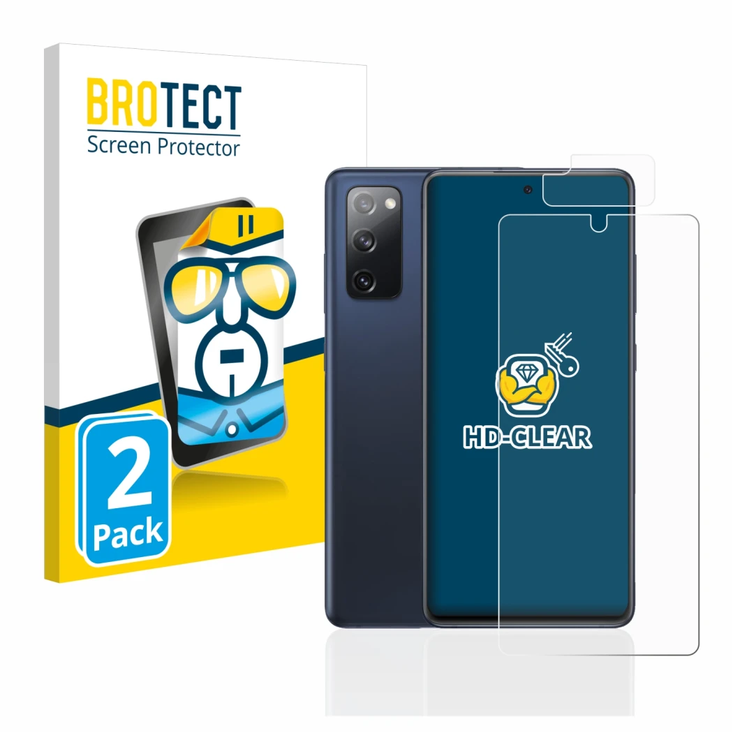 Face avant d’un emballage produit avec le logo de la marque BROTECT. À côté, l’appareil Samsung Galaxy S20 FE (Avant+Caméra) e
