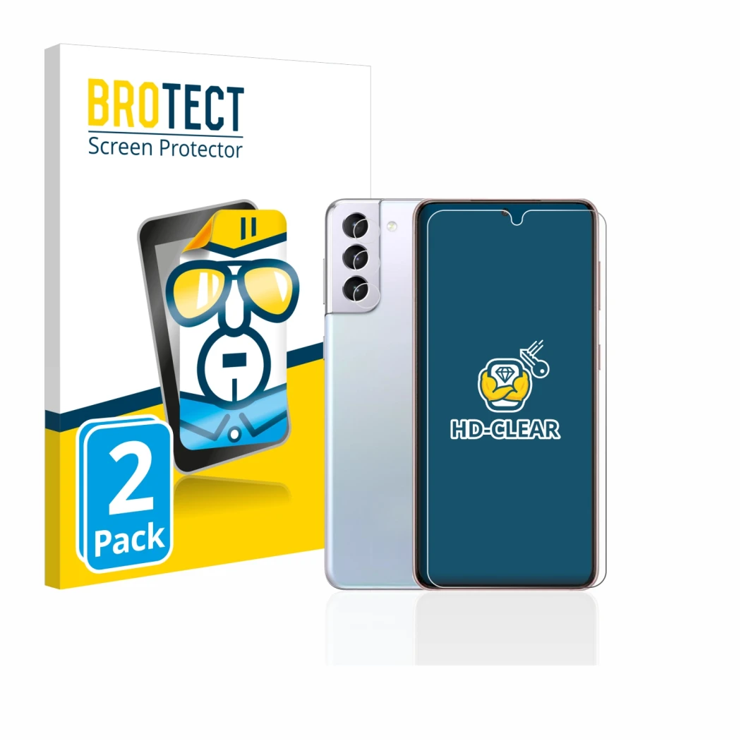 Face avant d’un emballage produit avec le logo de la marque BROTECT. À côté, l’appareil Samsung Galaxy S21 5G (Avant+Caméra) e