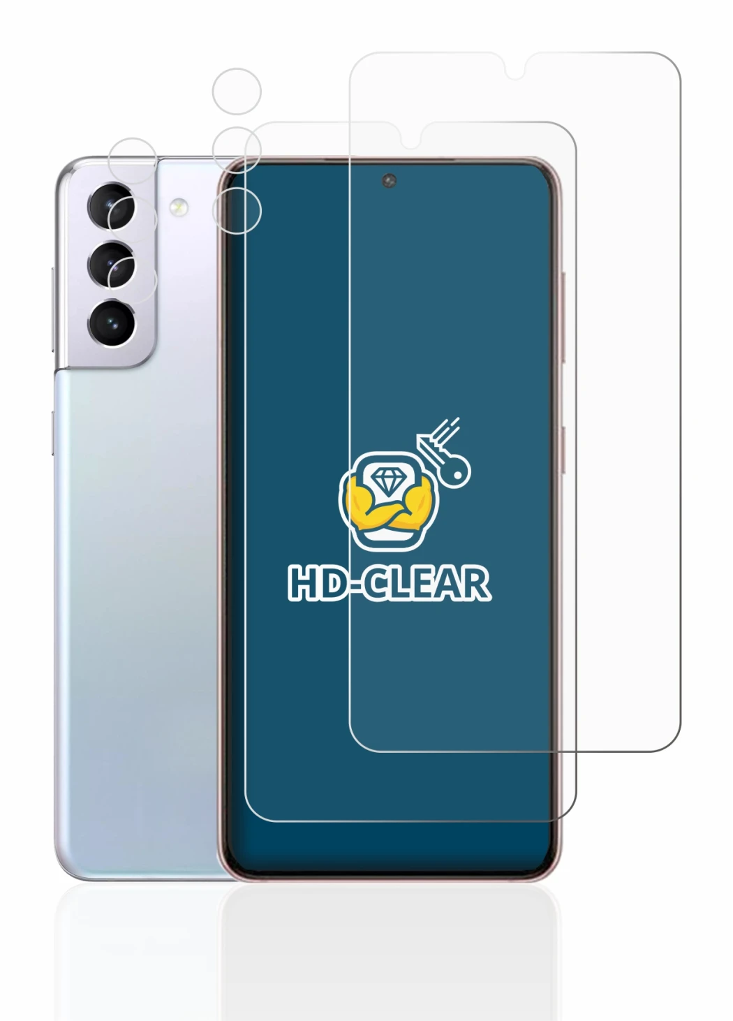 Image de l'appareil Samsung Galaxy S21 5G (Avant+Caméra) avec une grande variété de protections d'écran.