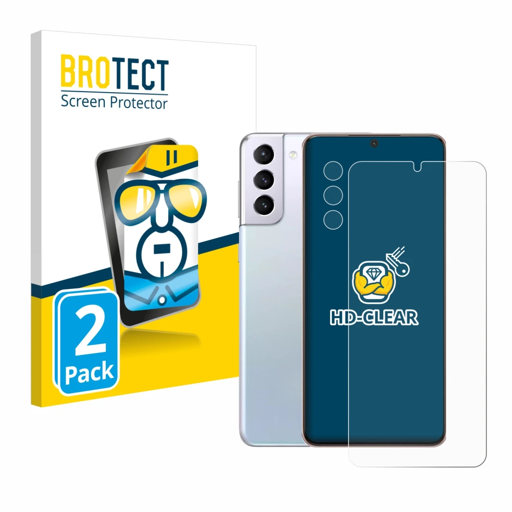 Face avant d’un emballage produit avec le logo de la marque BROTECT. À côté, l’appareil Samsung Galaxy S21 Plus 5G (Avant+Camé