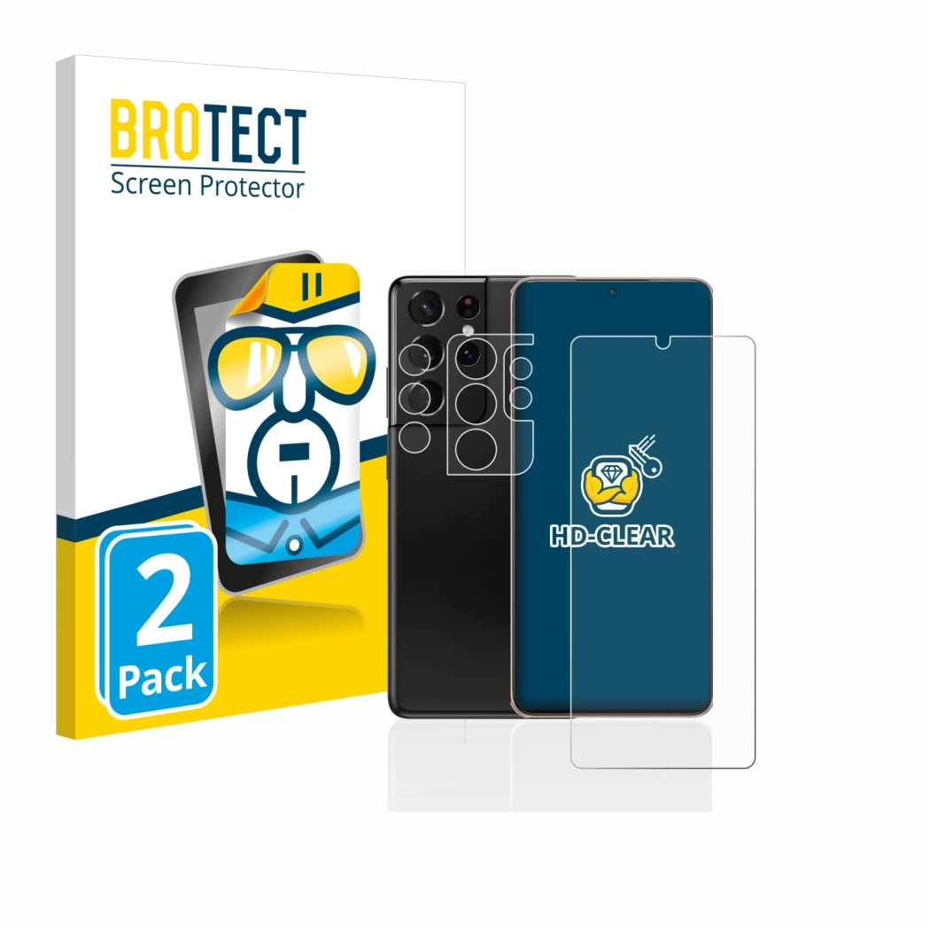 Face avant d’un emballage produit avec le logo de la marque BROTECT. À côté, l’appareil Samsung Galaxy S21 Ultra 5G (Avant+Cam