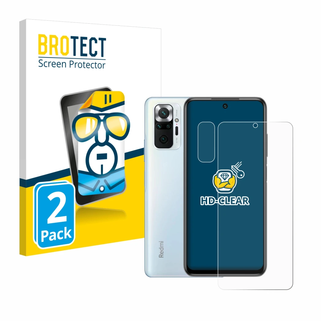 Face avant d’un emballage produit avec le logo de la marque BROTECT. À côté, l’appareil Xiaomi Redmi Note 10 Pro (Avant+Caméra