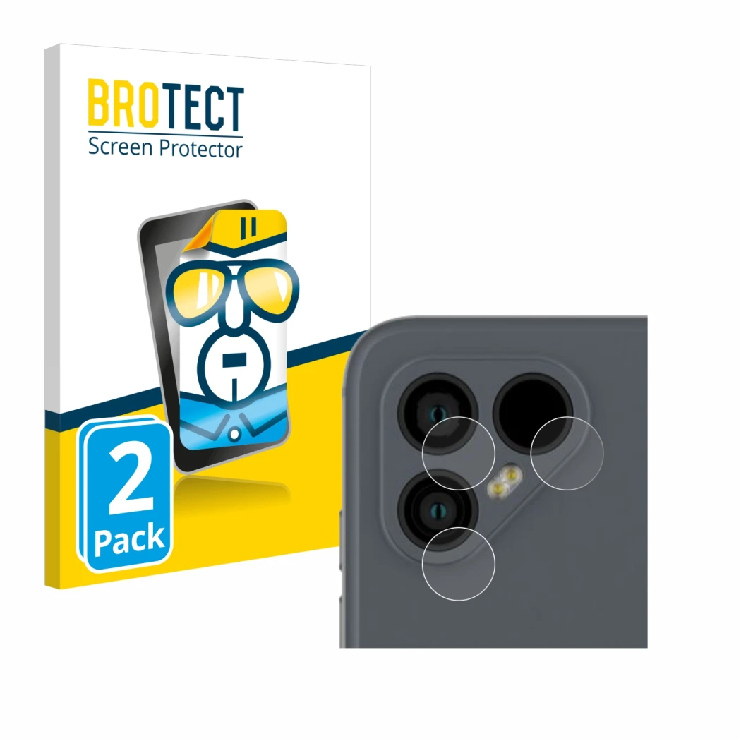 Face avant d’un emballage produit avec le logo de la marque BROTECT. À côté, l’appareil Fairphone 4 (Caméra UNIQUEMENT) est re