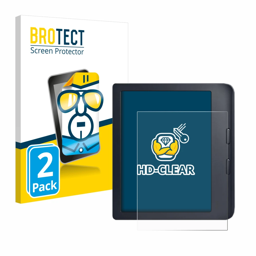 Face avant d’un emballage produit avec le logo de la marque BROTECT. À côté, l’appareil Kobo Libra 2 est représenté avec la pr