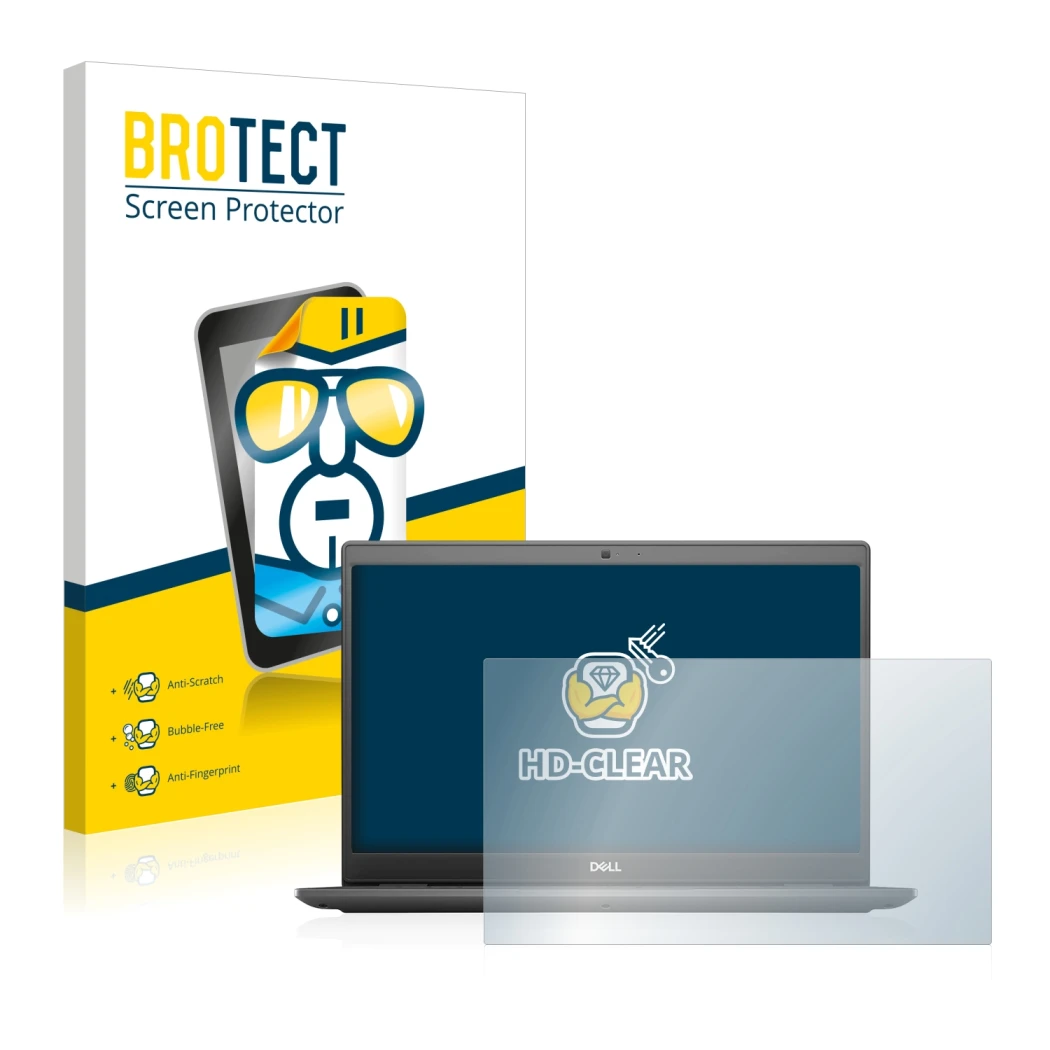Face avant d’un emballage produit avec le logo de la marque BROTECT. À côté, l’appareil Dell Latitude 3510 est représenté avec