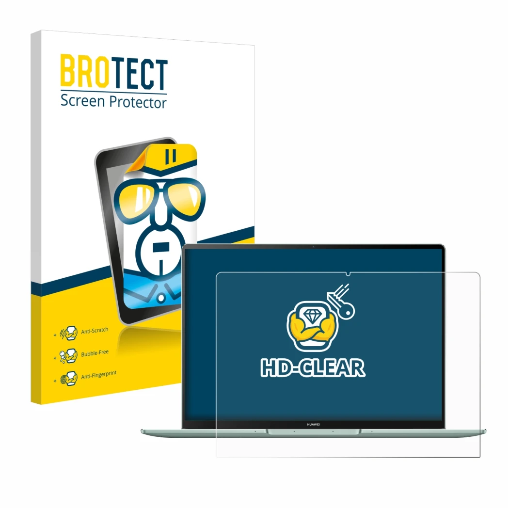 Face avant d’un emballage produit avec le logo de la marque BROTECT. À côté, l’appareil Huawei MateBook 14s est représenté ave