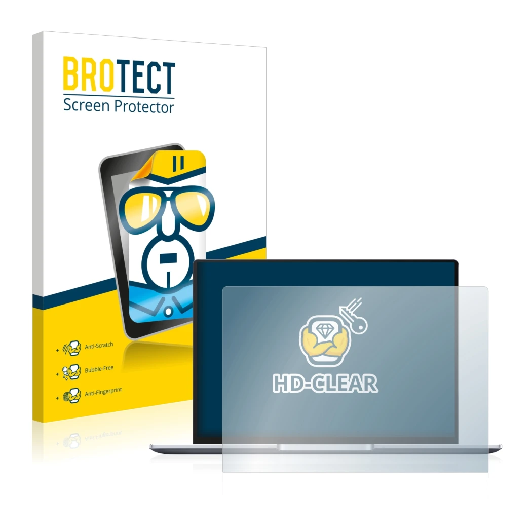 Face avant d’un emballage produit avec le logo de la marque BROTECT. À côté, l’appareil Huawei MateBook 14 2021 est représenté