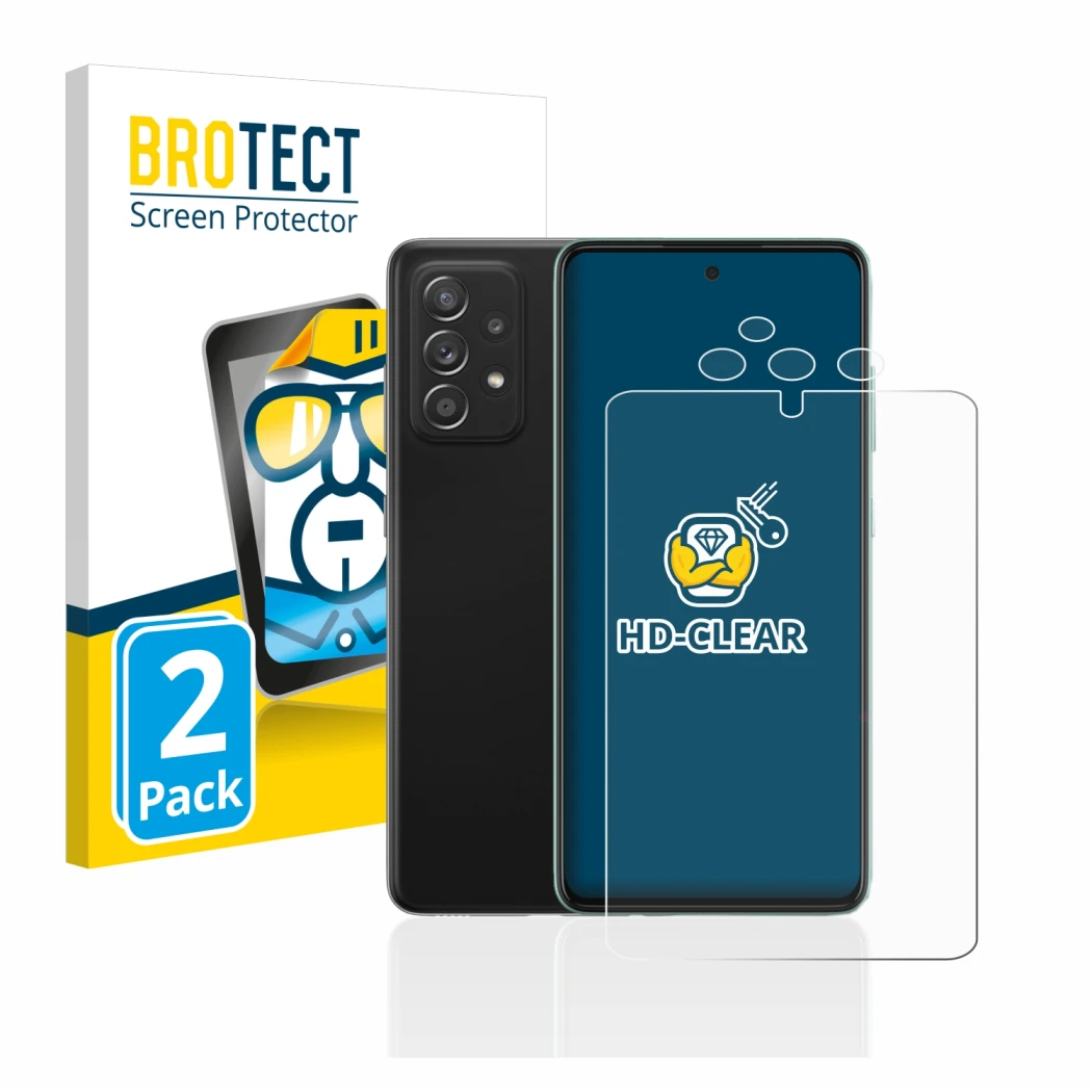 Face avant d’un emballage produit avec le logo de la marque BROTECT. À côté, l’appareil Samsung Galaxy A52s 5G (Avant+Caméra) 
