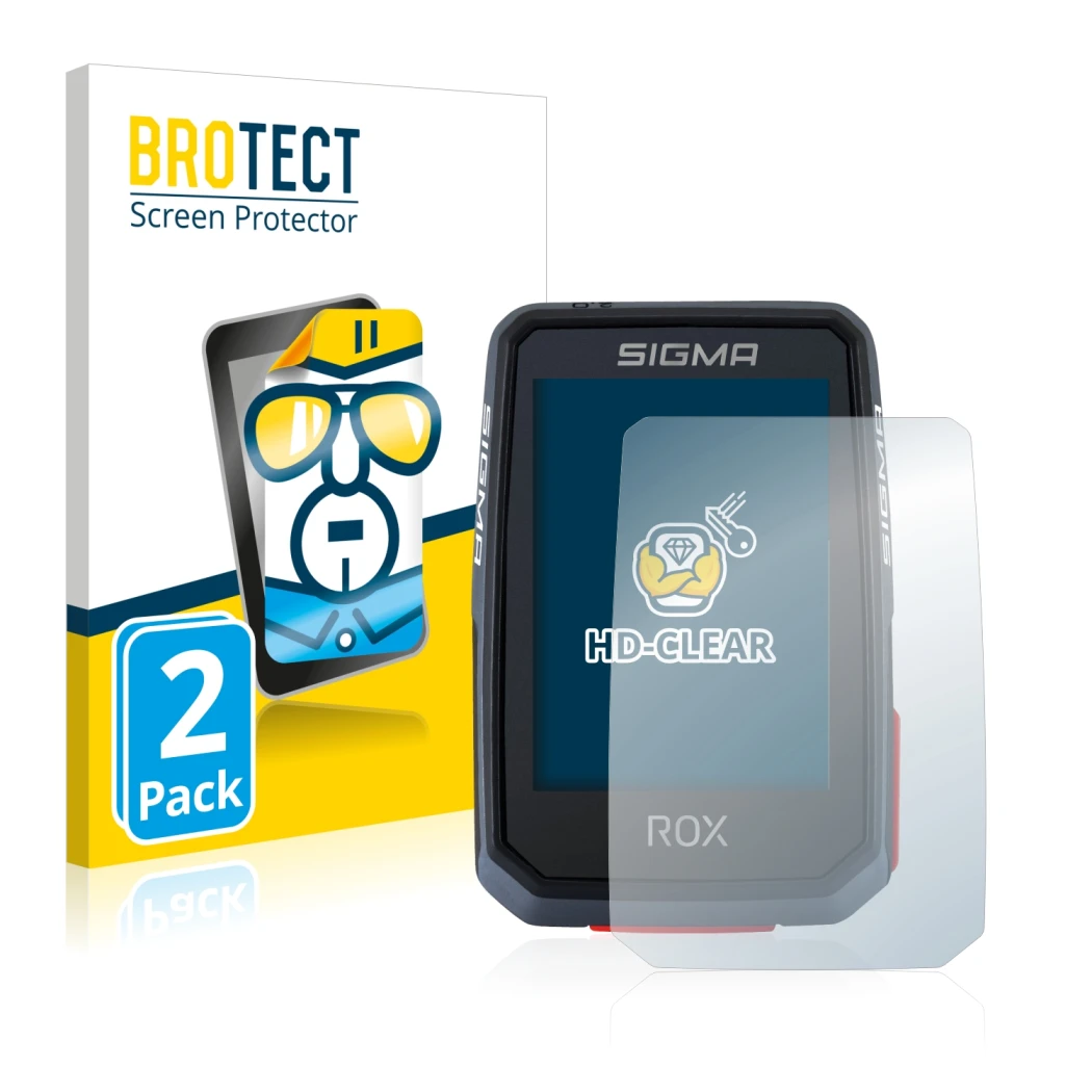 Face avant d’un emballage produit avec le logo de la marque BROTECT. À côté, l’appareil Sigma ROX 2.0 est représenté avec la p