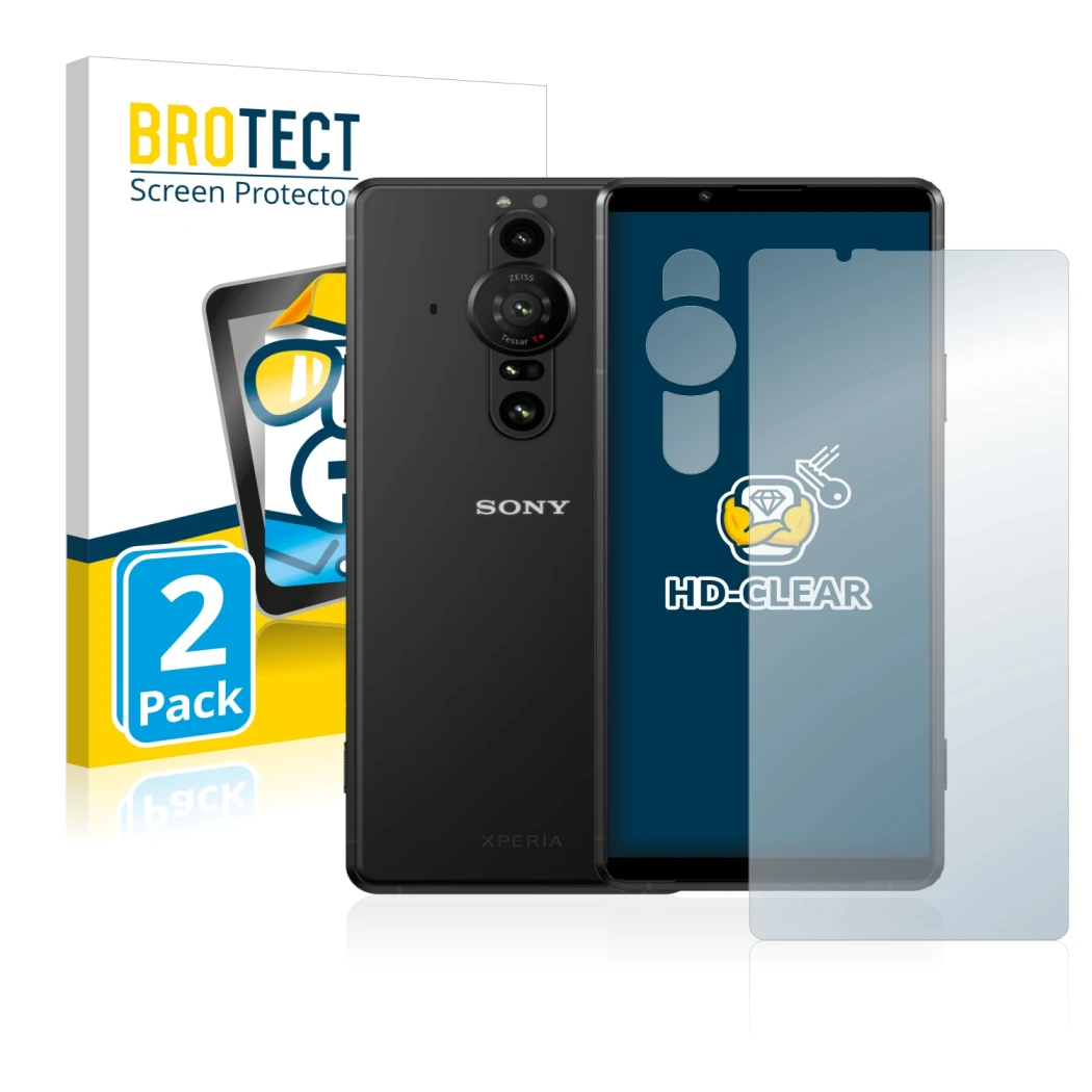 Face avant d’un emballage produit avec le logo de la marque BROTECT. À côté, l’appareil Sony Xperia Pro-I (Avant+Caméra) est r