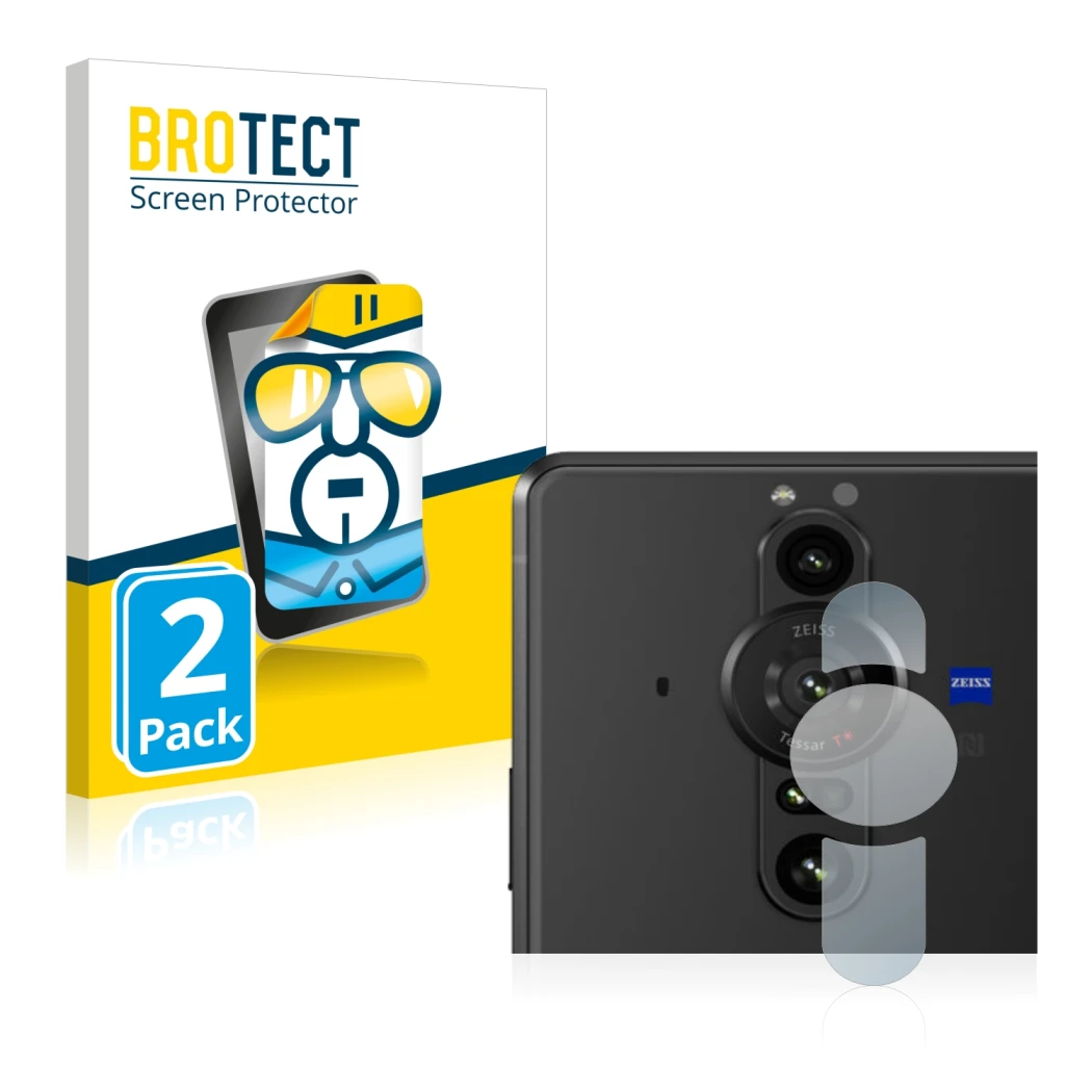 Face avant d’un emballage produit avec le logo de la marque BROTECT. À côté, l’appareil Sony Xperia Pro-I (Caméra UNIQUEMENT) 