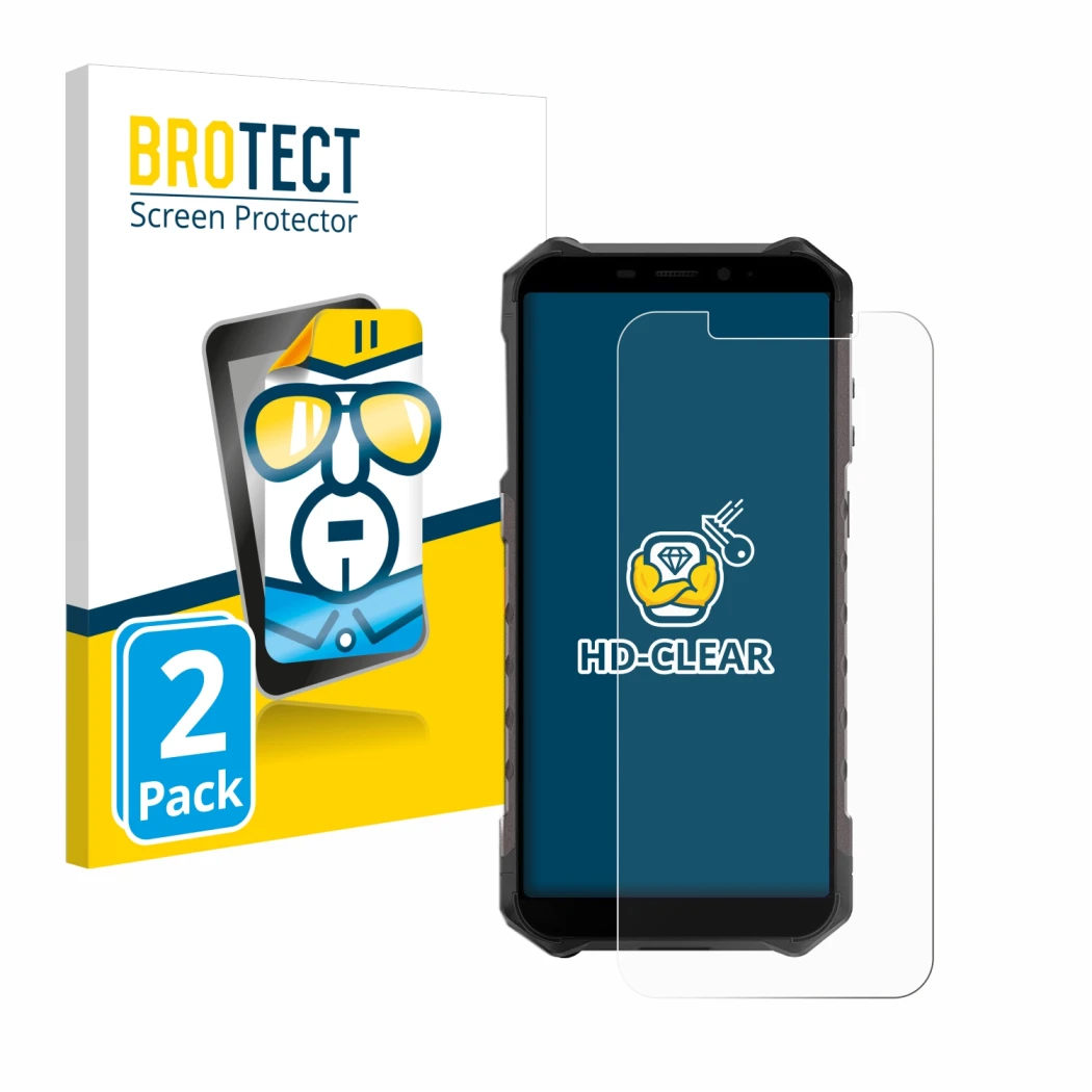 Face avant d’un emballage produit avec le logo de la marque BROTECT. À côté, l’appareil Ulefone Armor X9 Pro est représenté av