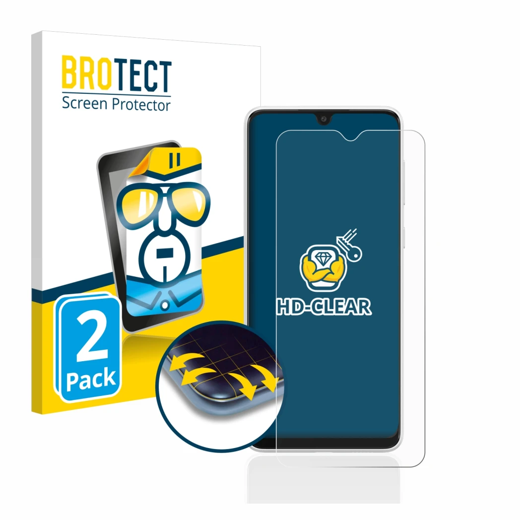 Face avant d’un emballage produit avec le logo de la marque BROTECT. À côté, l’appareil Samsung Galaxy A03 est représenté avec