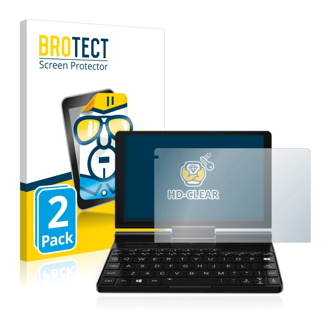 Face avant d’un emballage produit avec le logo de la marque BROTECT. À côté, l’appareil GPD Pocket 3 est représenté avec la pr