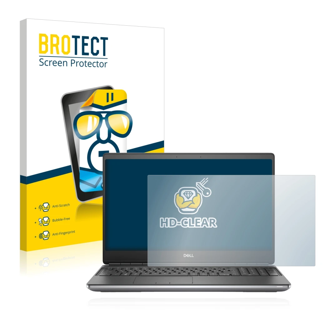 Face avant d’un emballage produit avec le logo de la marque BROTECT. À côté, l’appareil Dell Precision 7560 est représenté ave