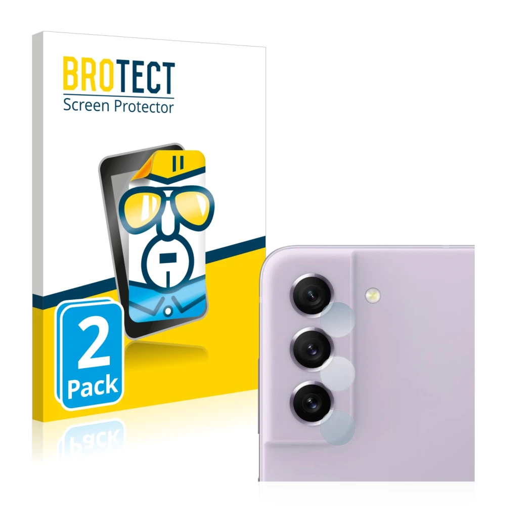 Face avant d’un emballage produit avec le logo de la marque BROTECT. À côté, l’appareil Samsung Galaxy S21 FE 5G (Caméra UNIQU