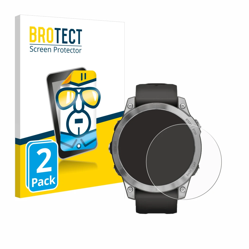 Face avant d’un emballage produit avec le logo de la marque BROTECT. À côté, l’appareil Garmin Fenix 7 (47 mm) est représenté 