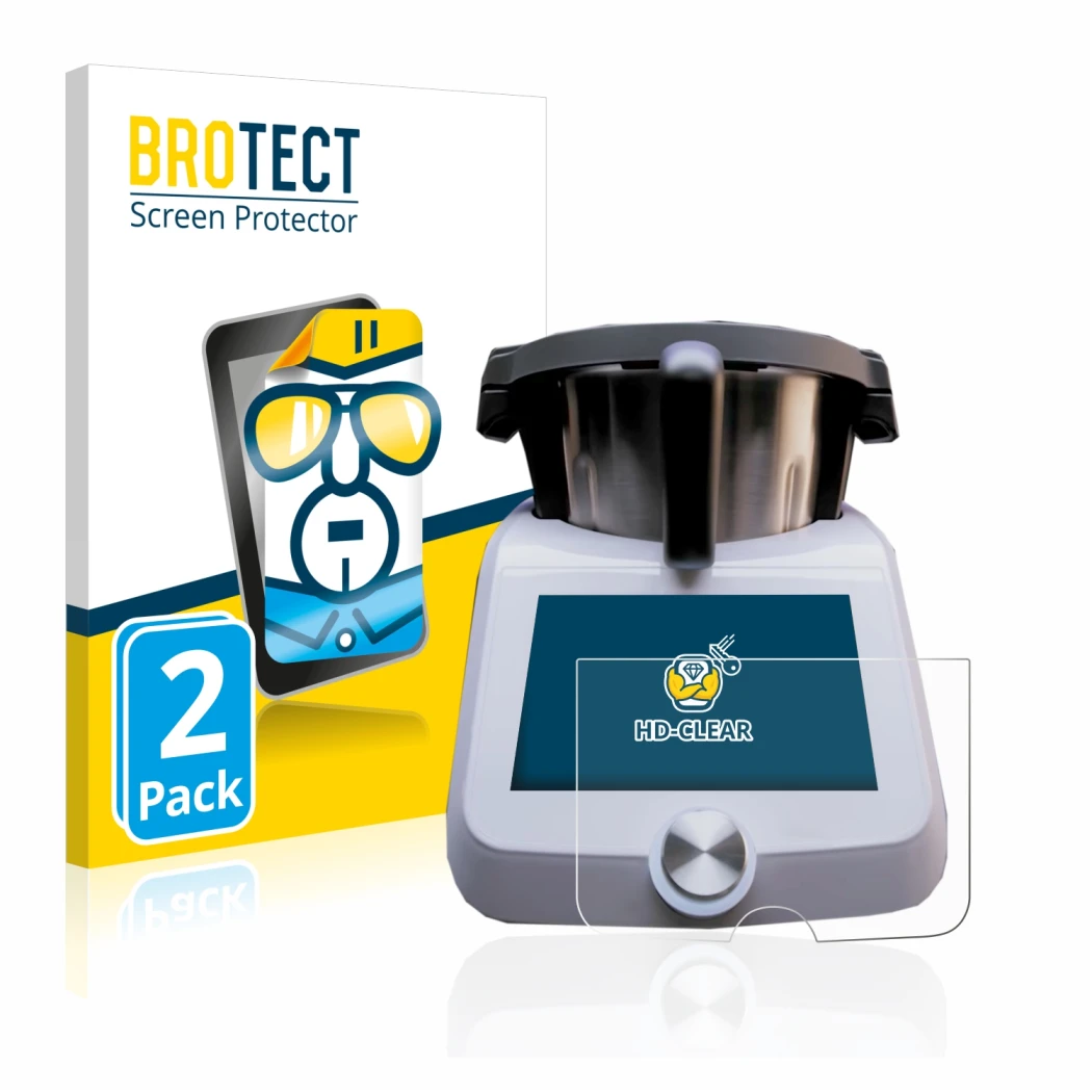 Face avant d’un emballage produit avec le logo de la marque BROTECT. À côté, l’appareil SilverCrest Monsieur Cuisine Smart est