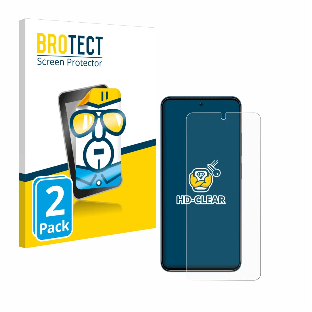 Face avant d’un emballage produit avec le logo de la marque BROTECT. À côté, l’appareil Xiaomi Redmi Note 11 est représenté av