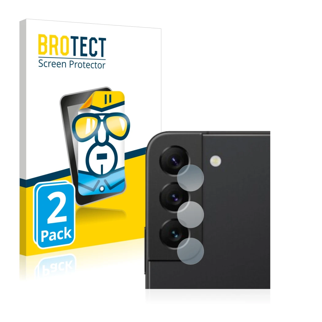 Face avant d’un emballage produit avec le logo de la marque BROTECT. À côté, l’appareil Samsung Galaxy S22 5G (Caméra UNIQUEME