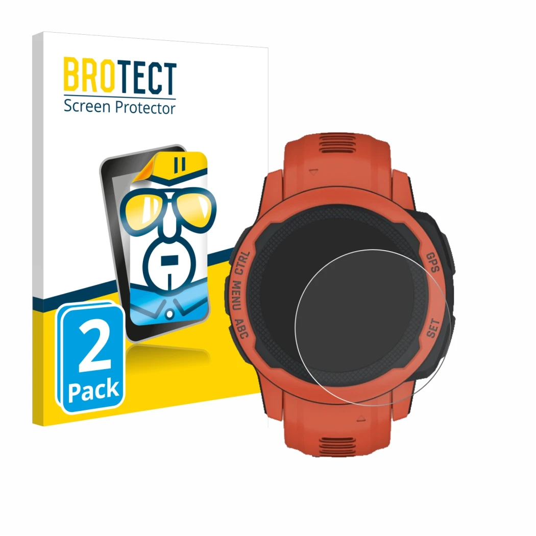 Face avant d’un emballage produit avec le logo de la marque BROTECT. À côté, l’appareil Garmin Instinct 2S est représenté avec