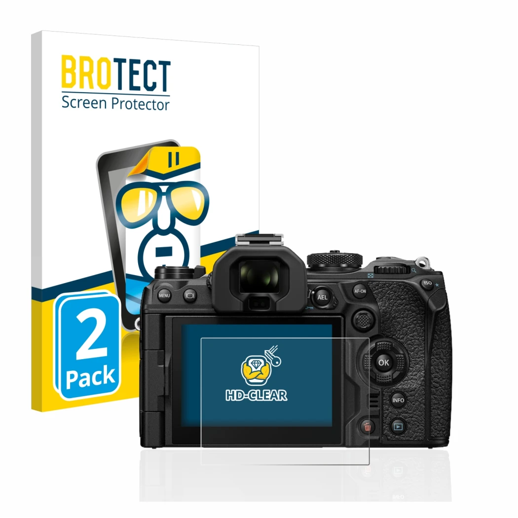 Face avant d’un emballage produit avec le logo de la marque BROTECT. À côté, l’appareil Olympus OM-1 2022 est représenté avec
