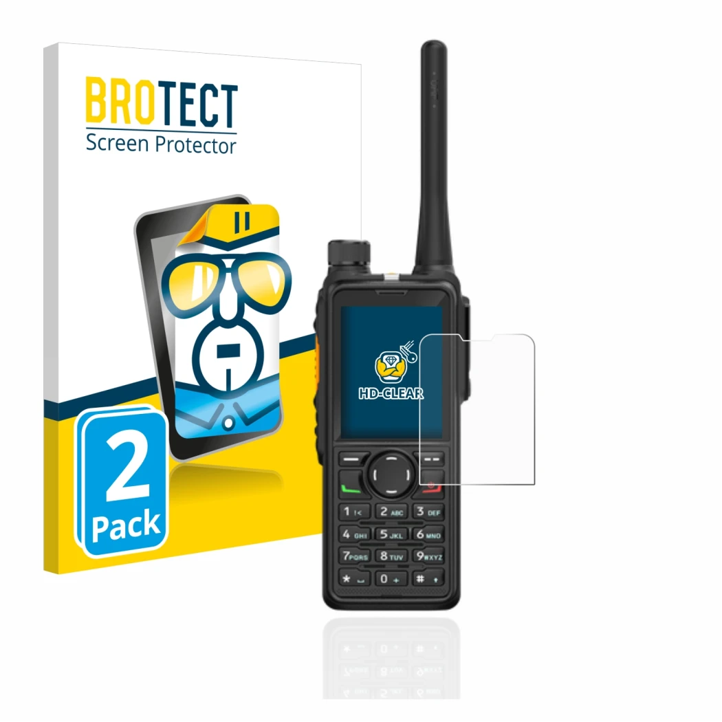 Face avant d’un emballage produit avec le logo de la marque BROTECT. À côté, l’appareil Hytera HP785 est représenté avec la pr