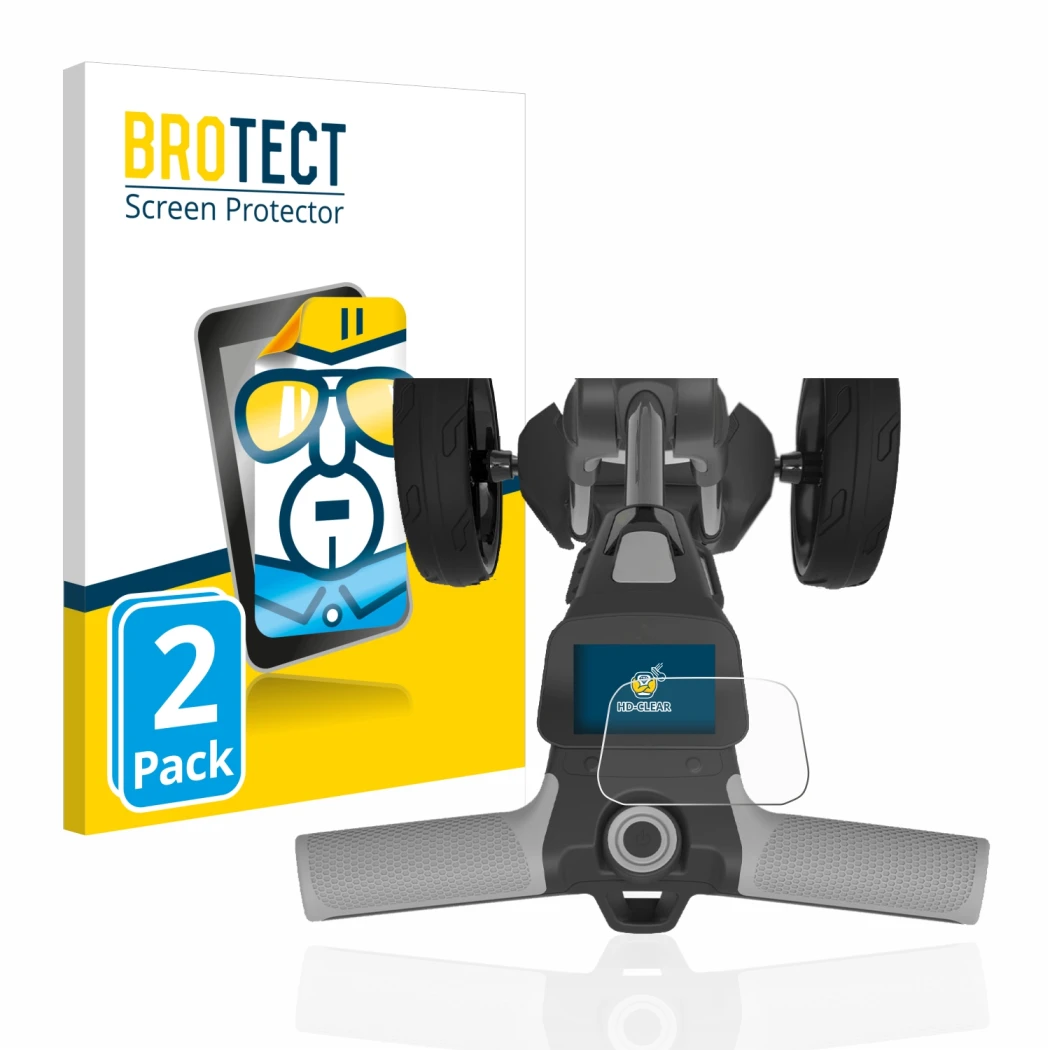 Face avant d’un emballage produit avec le logo de la marque BROTECT. À côté, l’appareil PowaKaddy FX5 2.8