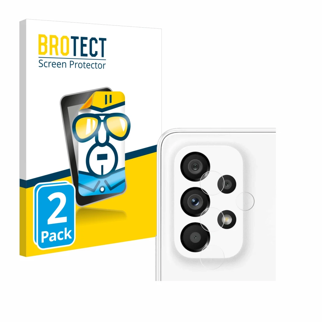 Face avant d’un emballage produit avec le logo de la marque BROTECT. À côté, l’appareil Samsung Galaxy A53 5G (Caméra UNIQUEME