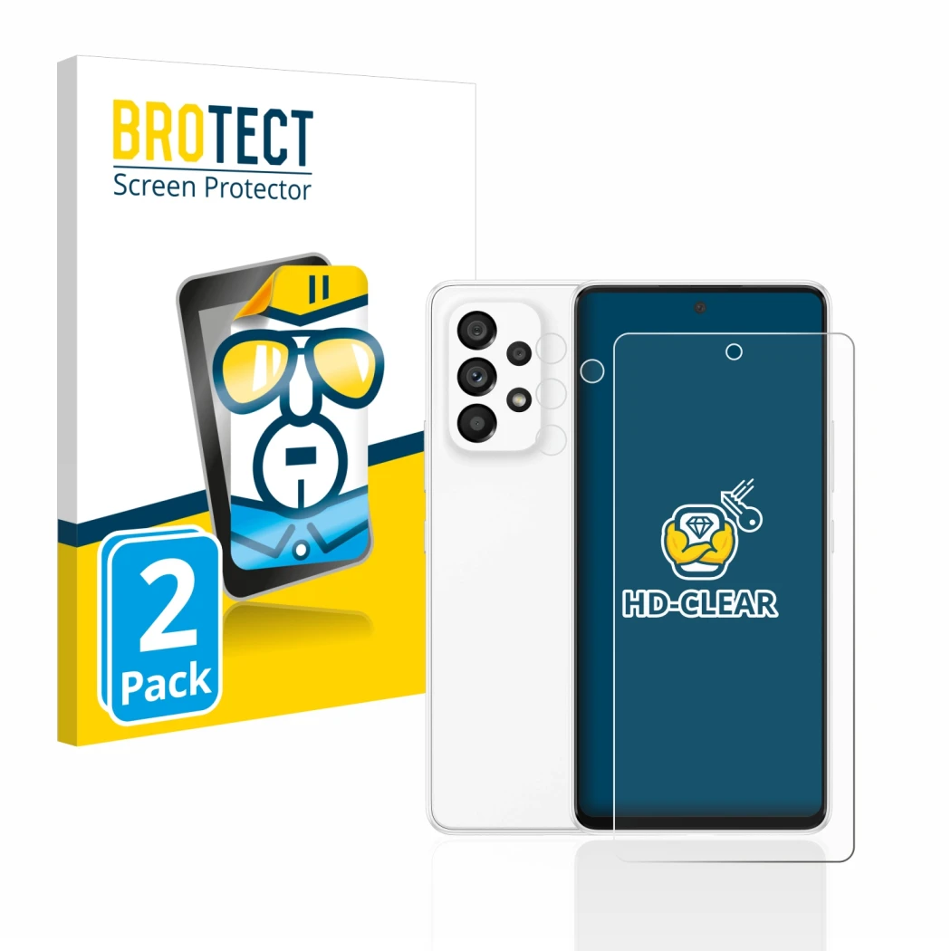 Face avant d’un emballage produit avec le logo de la marque BROTECT. À côté, l’appareil Samsung Galaxy A53 5G (Avant+Caméra) e