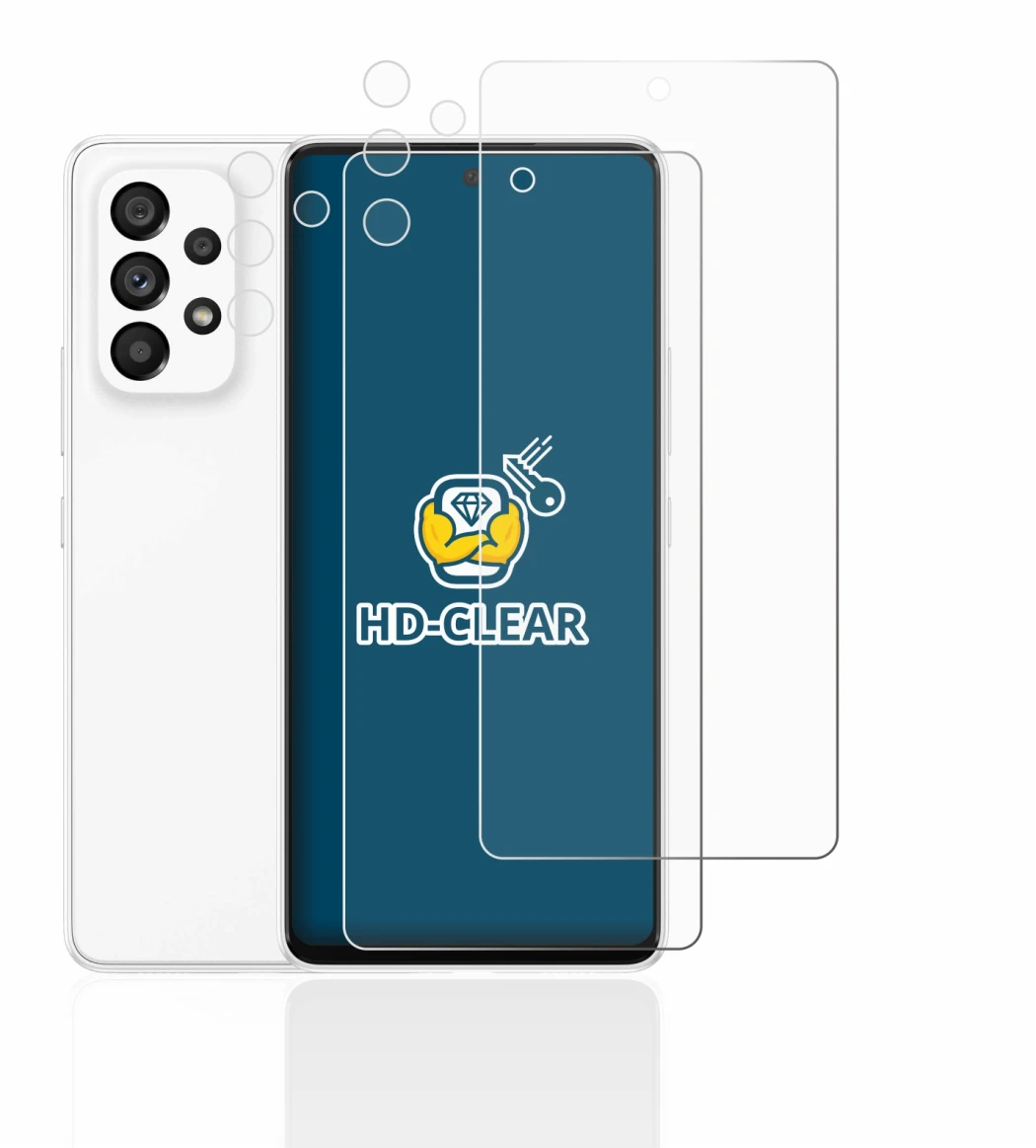 Image de l'appareil Samsung Galaxy A53 5G (Avant+Caméra) avec une grande variété de protections d'écran.