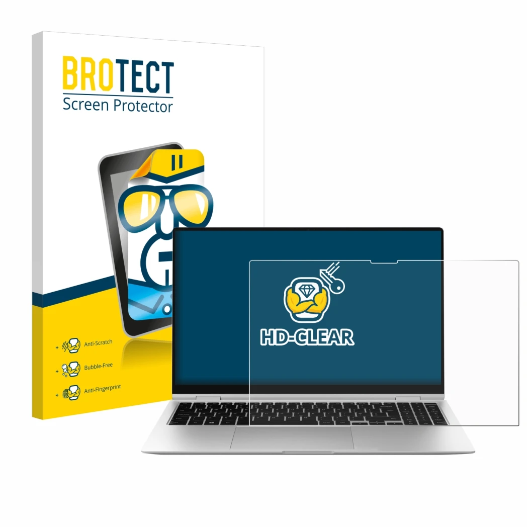 Face avant d’un emballage produit avec le logo de la marque BROTECT. À côté, l’appareil Samsung Galaxy Book2 Pro 360 15.6