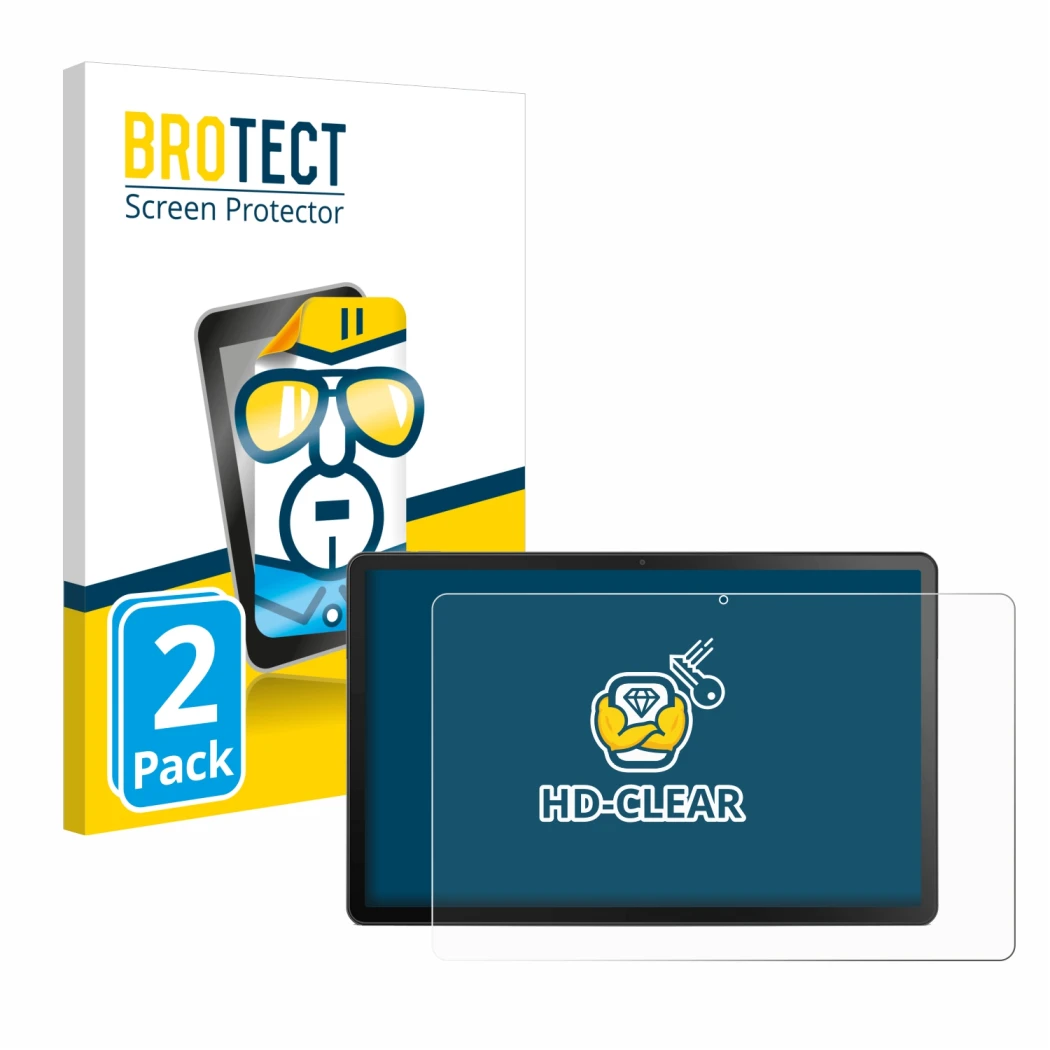 Face avant d’un emballage produit avec le logo de la marque BROTECT. À côté, l’appareil Lenovo Tab M10 Plus (3ème Gen.) est re