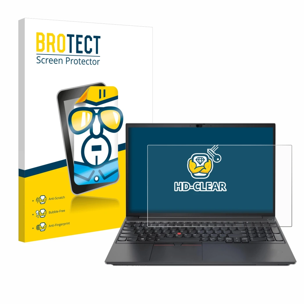 Face avant d’un emballage produit avec le logo de la marque BROTECT. À côté, l’appareil Lenovo ThinkPad E15 Gen 3 est représen