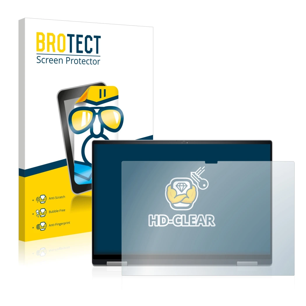 Face avant d’un emballage produit avec le logo de la marque BROTECT. À côté, l’appareil Dell Inspiron 16 7620 2-in-1 est repré