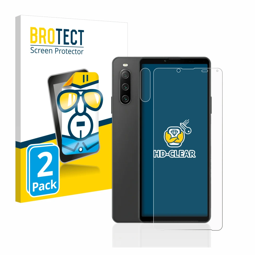 Face avant d’un emballage produit avec le logo de la marque BROTECT. À côté, l’appareil Sony Xperia 10 IV (Avant+Caméra) est r