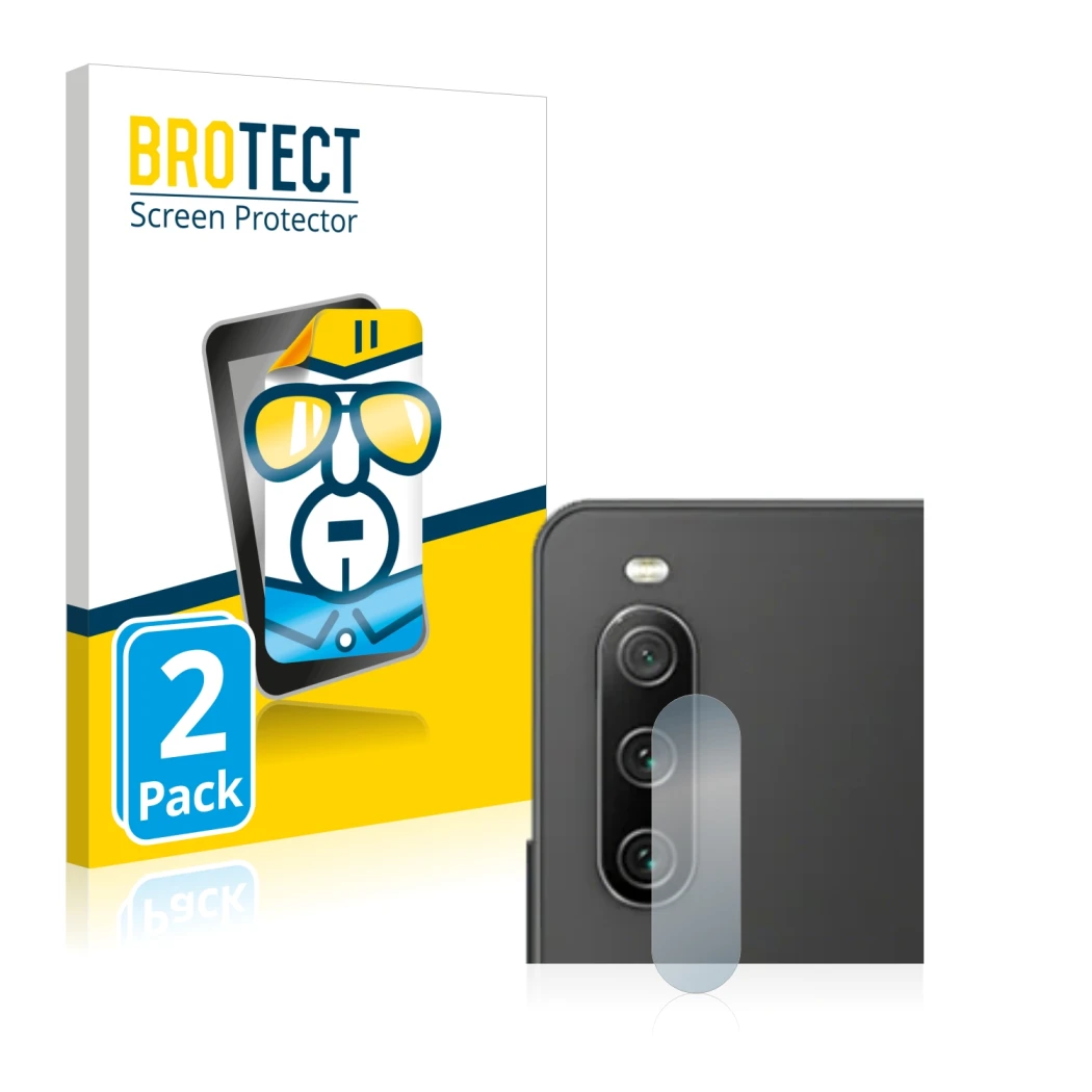 Face avant d’un emballage produit avec le logo de la marque BROTECT. À côté, l’appareil Sony Xperia 10 IV (Caméra UNIQUEMENT) 