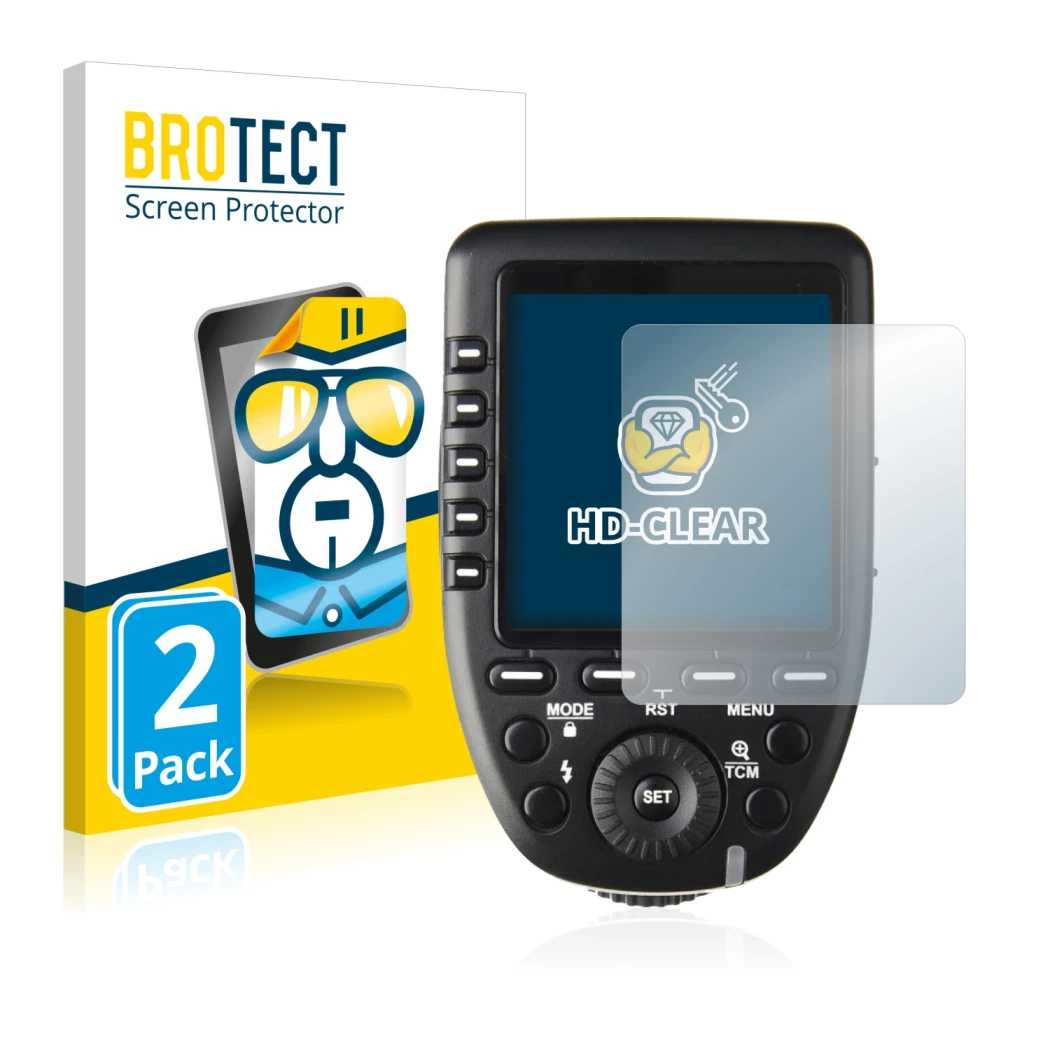Face avant d’un emballage produit avec le logo de la marque BROTECT. À côté, l’appareil Godox XPro est représenté avec la prot