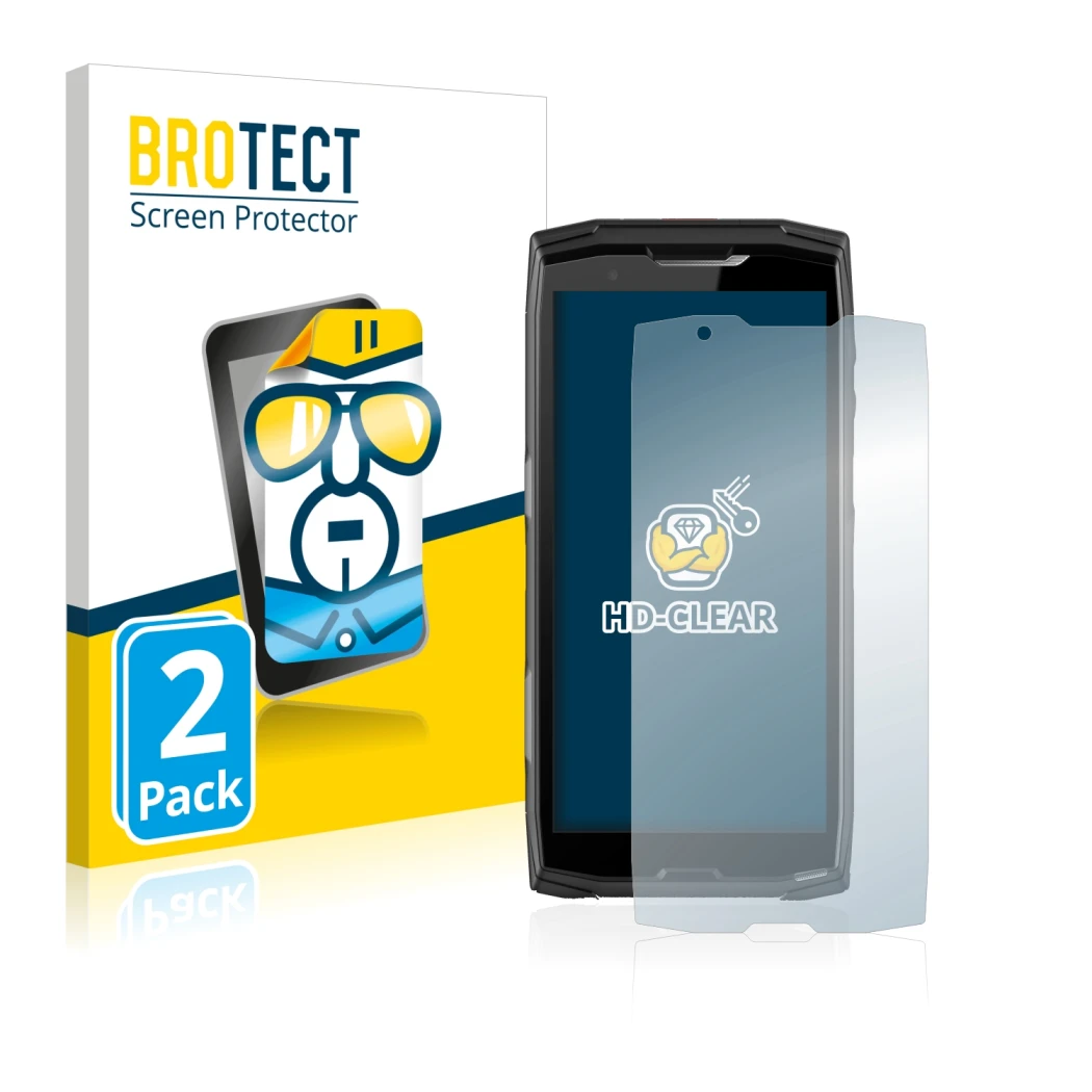 Face avant d’un emballage produit avec le logo de la marque BROTECT. À côté, l’appareil Crosscall Core-X5 est représenté avec
