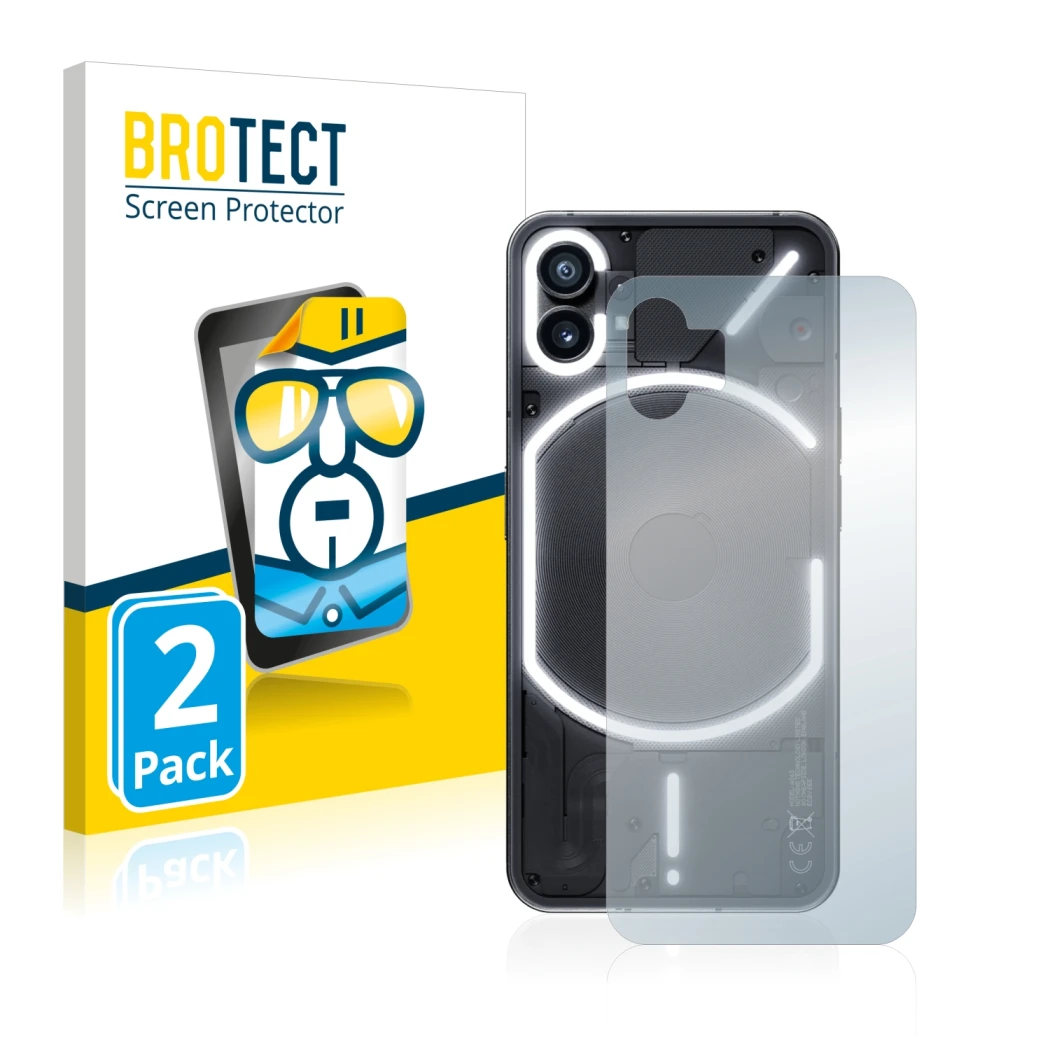 Face avant d’un emballage produit avec le logo de la marque BROTECT. À côté, l’appareil Nothing Phone (1) (Arrière) est représ