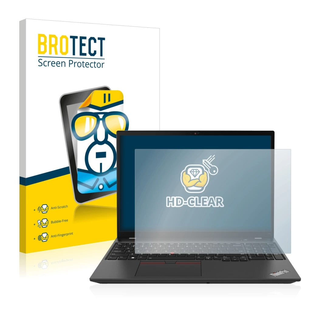 Face avant d’un emballage produit avec le logo de la marque BROTECT. À côté, l’appareil Lenovo ThinkPad T16 Gen 1 16