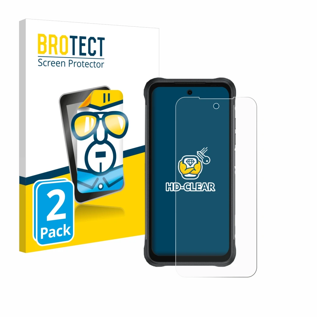 Face avant d’un emballage produit avec le logo de la marque BROTECT. À côté, l’appareil Umidigi Bison 2 est représenté avec la