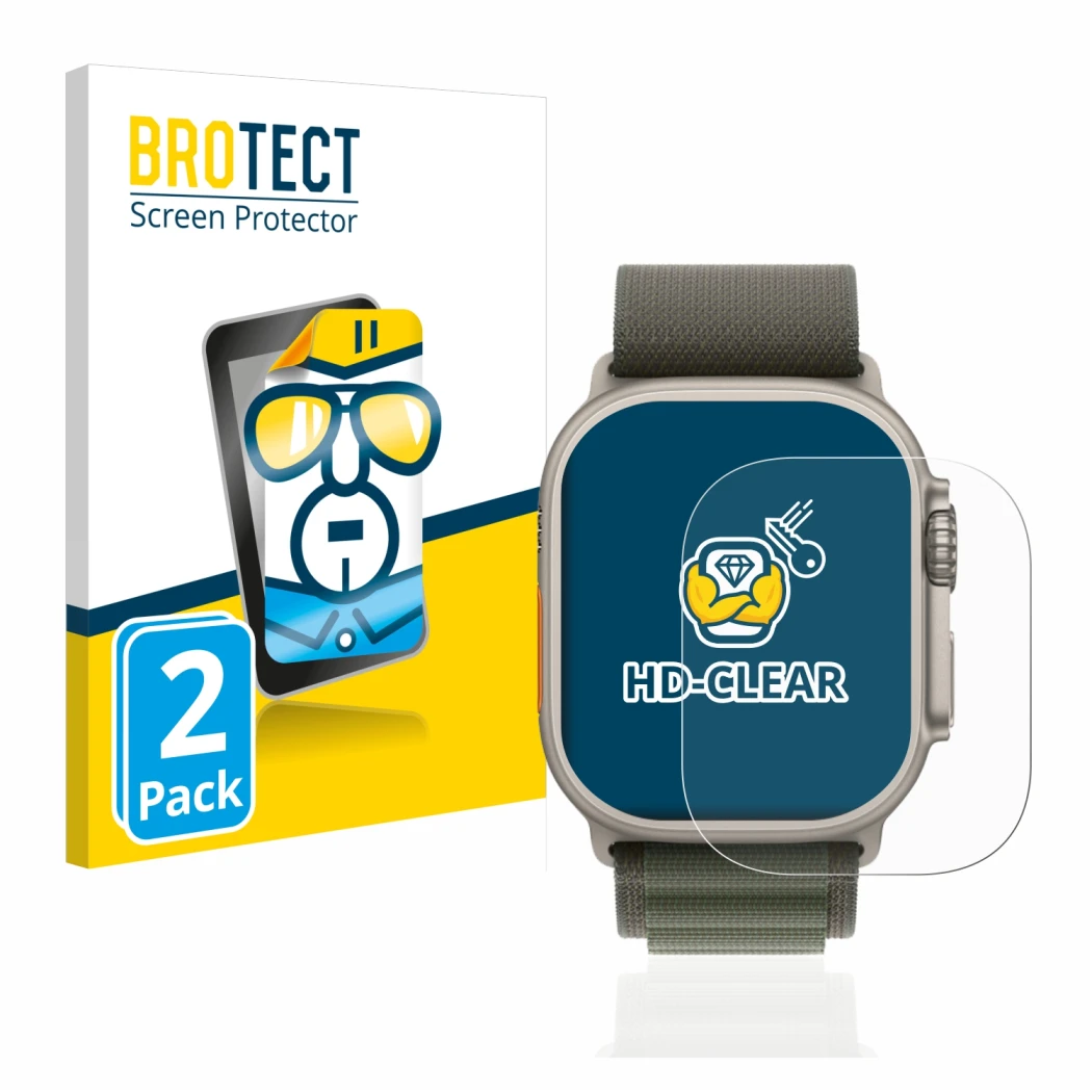 Face avant d’un emballage produit avec le logo de la marque BROTECT. À côté, l’appareil Apple Watch Ultra (49 mm) est représen