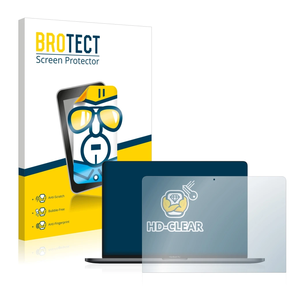Face avant d’un emballage produit avec le logo de la marque BROTECT. À côté, l’appareil Apple MacBook Pro 13