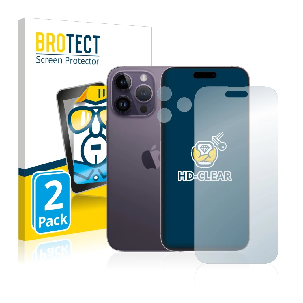 Face avant d’un emballage produit avec le logo de la marque BROTECT. À côté, l’appareil Apple iPhone 14 Pro Max (Avant+Caméra)