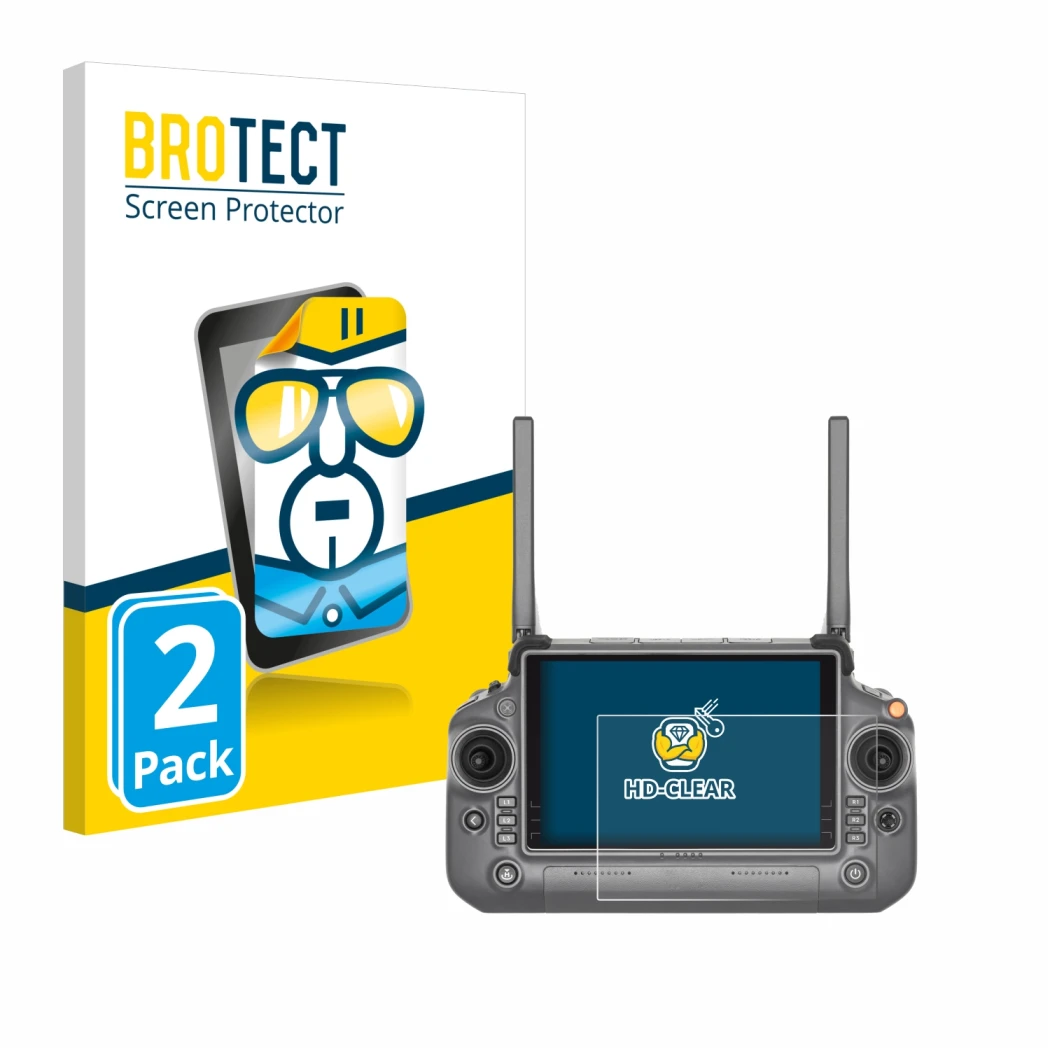 Face avant d’un emballage produit avec le logo de la marque BROTECT. À côté, l’appareil DJI RC Plus est représenté avec la pro