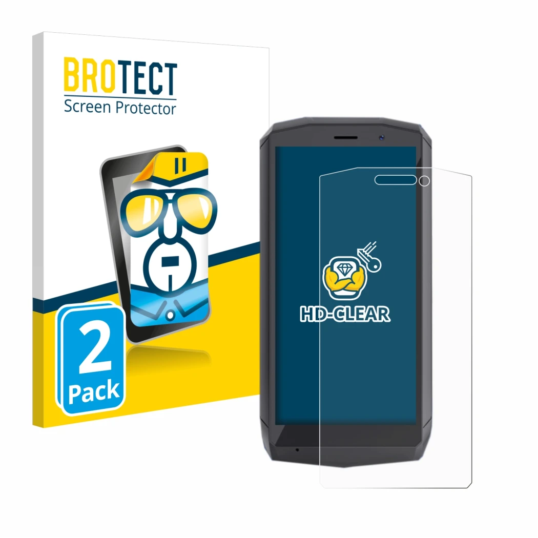 Face avant d’un emballage produit avec le logo de la marque BROTECT. À côté, l’appareil Cubot Pocket est représenté avec la pr
